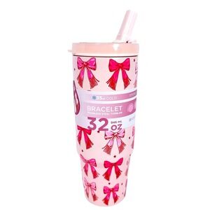 Manna Bracelet Tumbler Women 32oz Pink NEW 3D Bow Stainless Steel Straw Handle